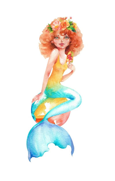 Sereia aquarela Jovem sereia ruiva em um fundo branco