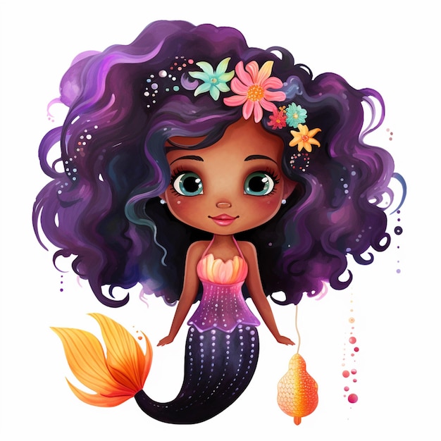 Foto sereia de desenho animado com cabelo roxo e flores no cabelo generativo ai