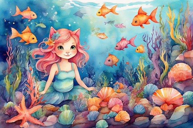 Sereia de desenho animado no mundo subaquático Ilustração a aquarela para crianças