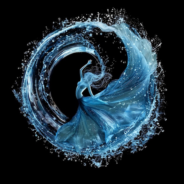 Sereia formada em água giratória do oceano Líquido azul transparente Arte de fundo conceito brilhante Y2K