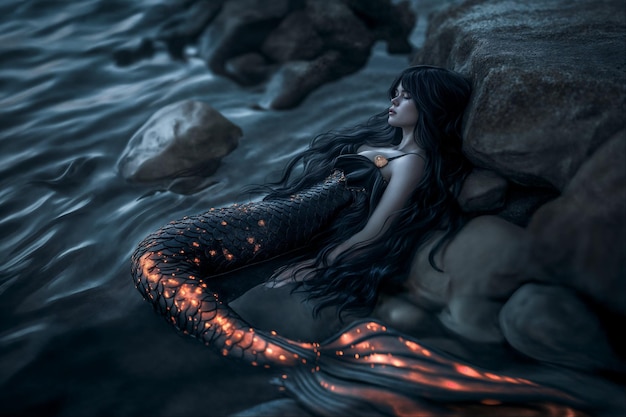 Sereia luminosa descansando na costa no crepúsculo perto do mar