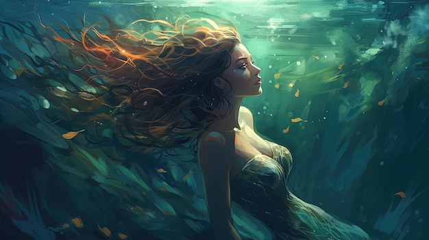 Sereia nadando debaixo d'água Conceito de fantasia Ilustração pintura Generative AI