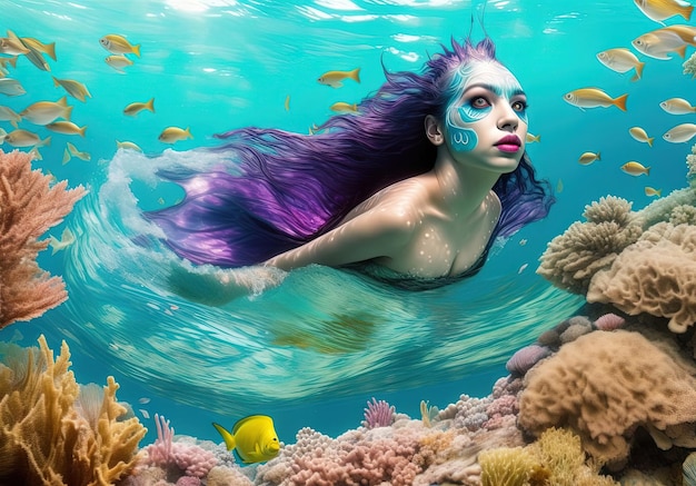 Sereia peixe humano animal híbrido anime menina ilustração estilo mangá generativo ai