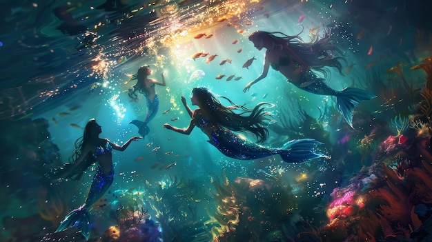 Sereias cintilantes nadando em um mundo subaquático, ilustração gerada por IA