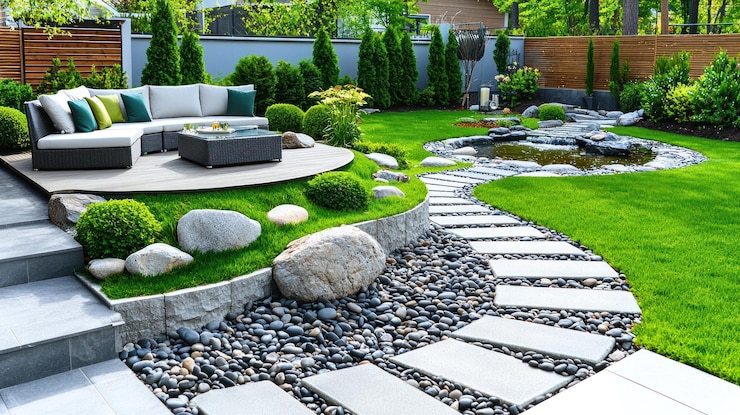 Foto seren backyard oasis landschaftsgarten mit patio und teich