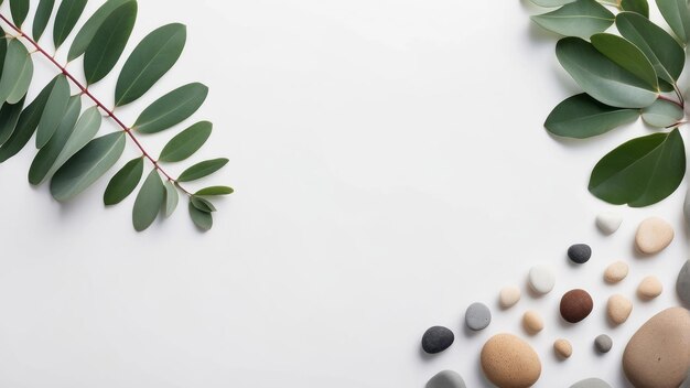 Foto seren eukalyptus und pebbles minimalistischer botanischer hintergrund mit platz für text weißer hintergrund