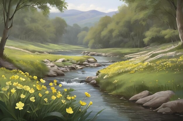 Seren Riverside Buttercup Blüten von Tranquil Stream Illustration