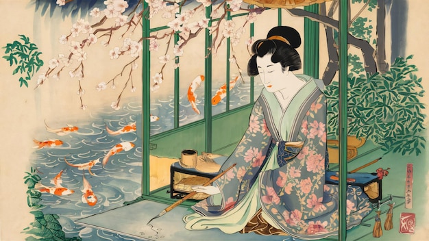 Seren Ukiyoe Kirschblüten-Szene mit einem Mann, der an einem ruhigen japanischen Holzblockmeditationszentrum am Fluss meditiert