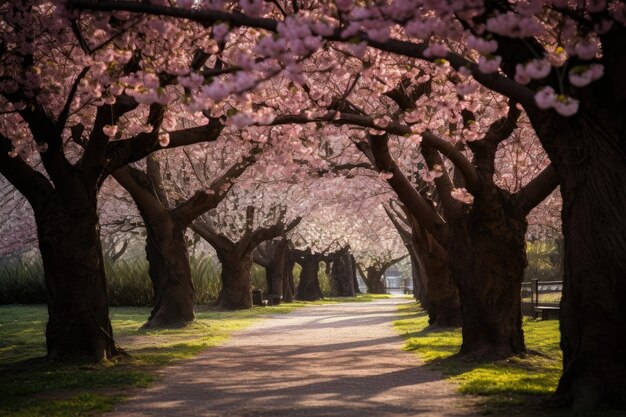 Serena arboleda de cerezos en flor en un parque floreciente