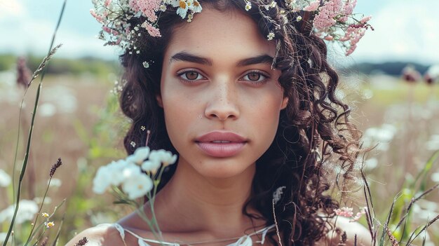 Serena belleza hermosa raza mixta joven con corona de flores aislada en el campo de primavera con policía