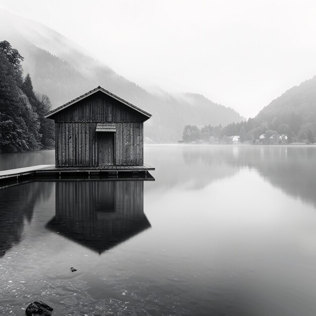 Serena cabana de madeira à beira do lago em Misty Mountain Setting at Dawn