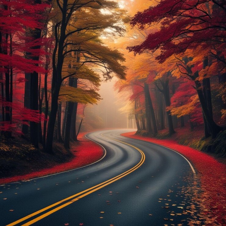 La serena carretera del bosque de otoño con follaje vibrante y luz dorada de la mañana