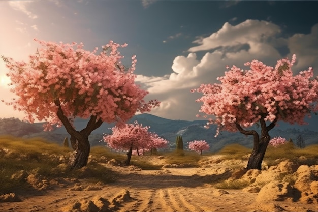 Serena carretera rural rodeada de árboles florecientes IA generativa