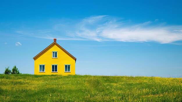 Serena casa amarilla en una ladera verde soleada con cielo azul