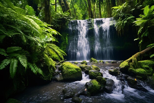 Foto una serena cascada rodeada de vegetación vibrante en un entorno pacífico de bosque