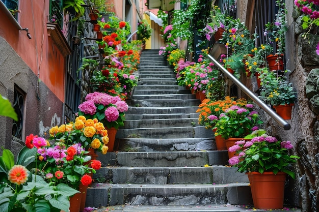 Una serena ciudad de la Ascensión escaleras adornadas con vibrantes ollas de flores que dan la bienvenida a los manantiales