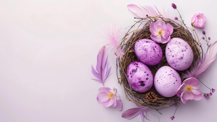 Serena composición minimalista de huevos púrpuras realistas en un nido sobre fondo de lavanda con acentos florales y plumas