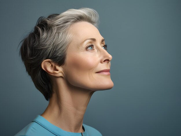 Foto serena y contemplativa mujer rubia con cabello gris corto mirando hacia el vasto cielo azul sobre gener