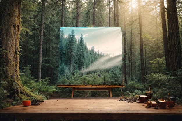 Una serena escena de bosque con un banco en primer plano.