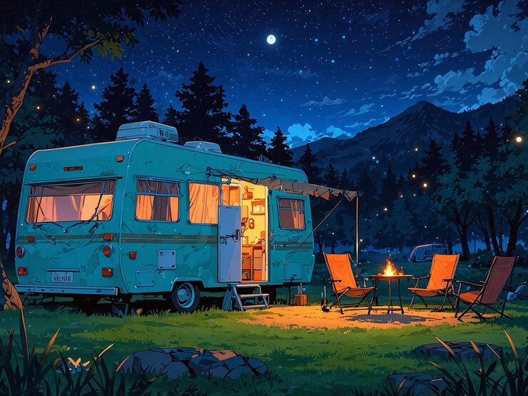 Una serena escena de campamento por la noche en un estilo de arte de anime