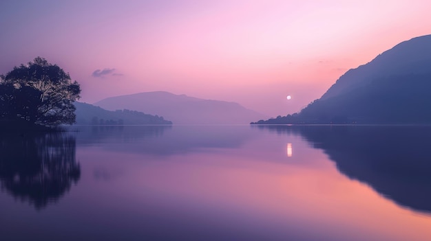 Foto una serena escena del crepúsculo sobre el lago windermere en el hermoso distrito de los lagos con un cielo púrpura