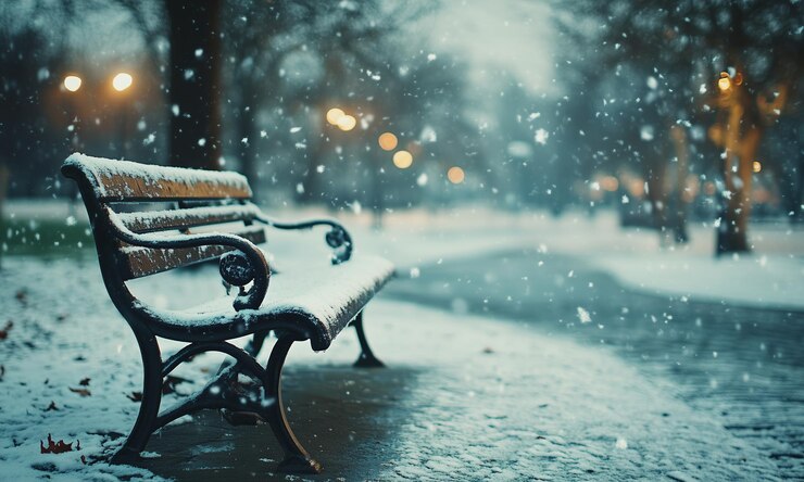 Serena escena de invierno La nieve cae en un banco vacío del parque
