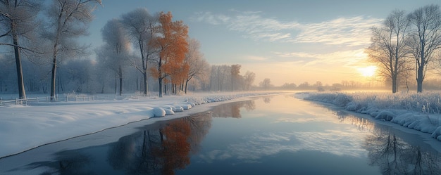 Foto una serena escena de invierno con papel tapiz de río congelado