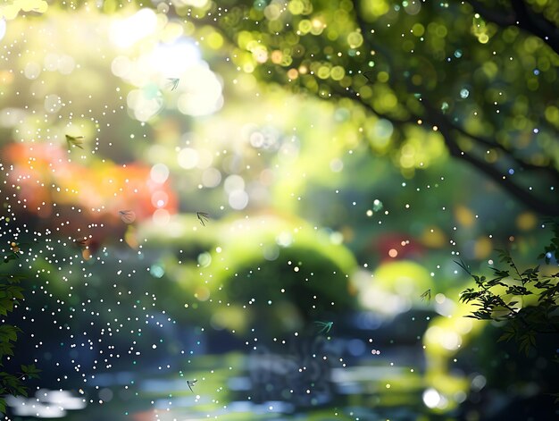 Una serena escena de jardín con partículas desenfocadas flotando suavemente creando un efecto mágico en claridad HD