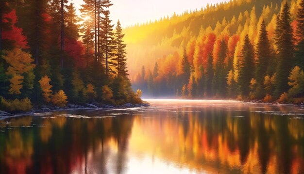 Una serena escena de otoño con un río tranquilo rodeado de árboles