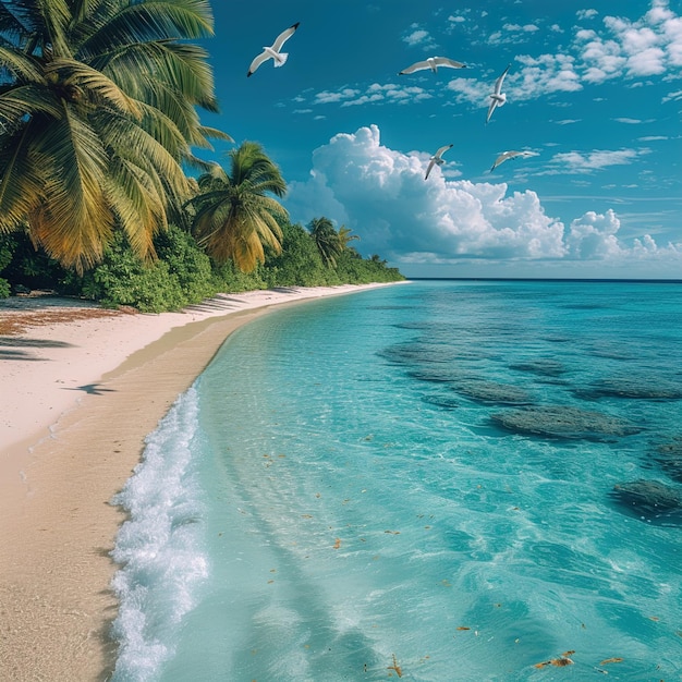 Foto una serena escena de playa tropical con palmeras