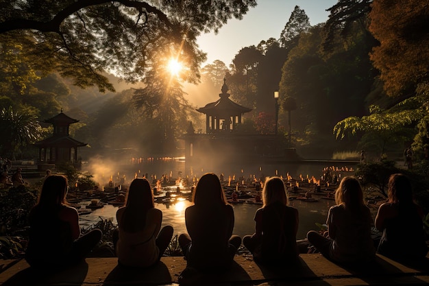 Serena escena de practicantes de yoga al amanecer envueltos en la naturaleza generativa IA