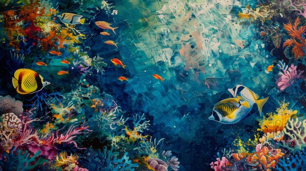 Una serena escena submarina de coloridos peces tropicales que se arrojan entre intrincadas formaciones de coral creando un vibrante tapiz de vida bajo las olas
