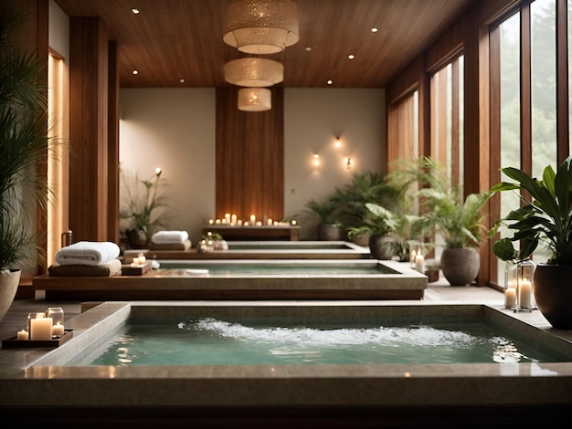 Foto una serena experiencia de spa con un ambiente tranquilo, música relajante y una variedad de tratamientos.