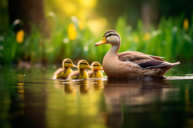 Una serena familia de patos se desliza a través de un estanque tranquilo creando un reflejo perfecto en el fondo