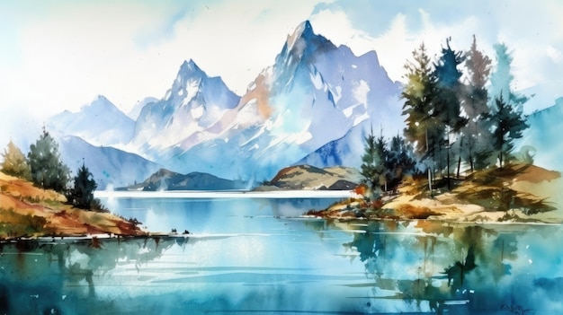 Serena ilustración de acuarela de los majestuosos Alpes con un hermoso lago en primer plano