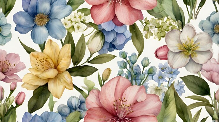 Una serena ilustración botánica en acuarela con una variedad de flores de primavera