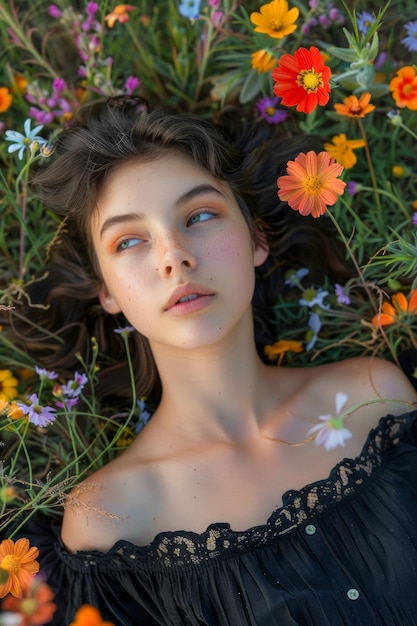 Serena joven acostada en un campo de coloridas flores silvestres Concepto de belleza natural de ensueño