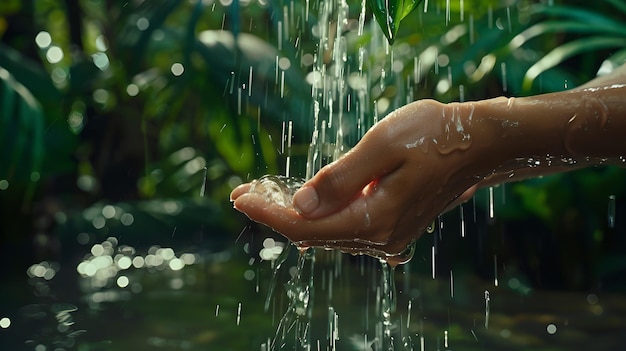 Serena lluvia tropical con la mano atrapando gotas de agua una refrescante escena natural capturando la esencia de la pura lluvia de primer plano fotografía de alto detalle AI