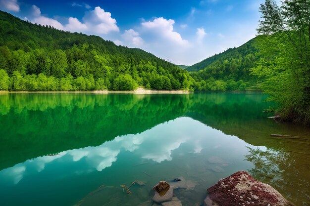 Foto serena majestade lago de montanha deslumbrante