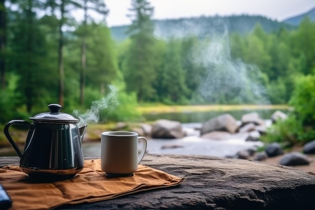 Serena mañana de campamento con café junto al río