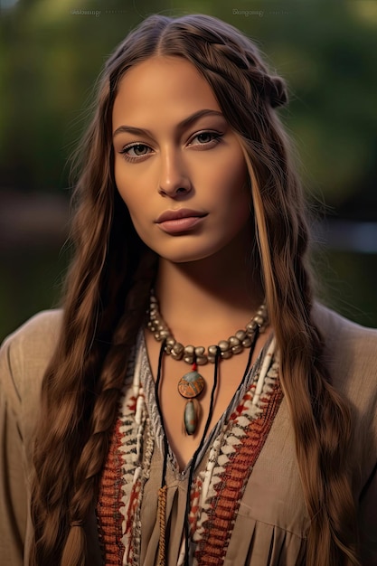 Serena mulher nativa americana com cabelo trançado