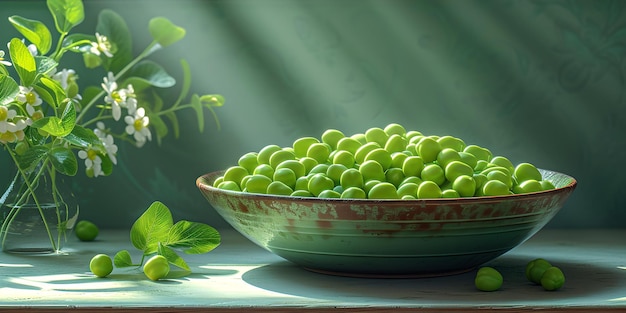 Serena naturaleza muerta con guisantes verdes en un cuenco vintage rayos de luz suave entorno de cocina rústica ideal para arte de pared y temas de comida IA