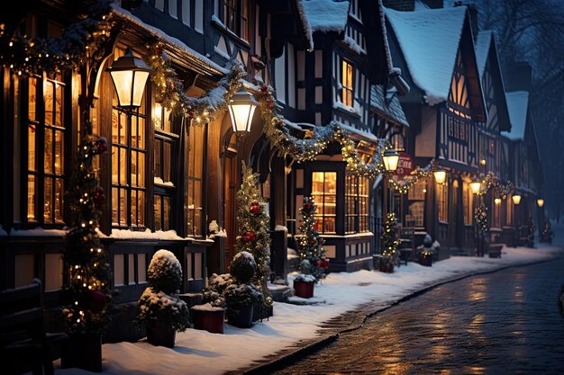 Una serena noche de invierno Una encantadora fila de edificios cubiertos de nieve iluminados por una luz suave creada con tecnología de IA generativa