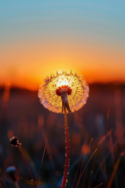 Una serena noche de primavera capturando la delicada danza de un diente de león al atardecer