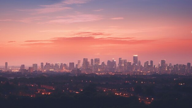 una serena noche de verano con una puesta de sol brillante sobre el horizonte de la ciudad