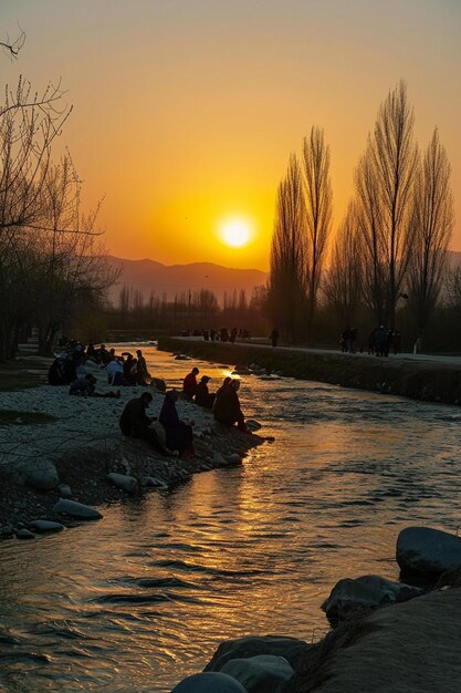 una serena puesta de sol junto a un río durante Nowruz