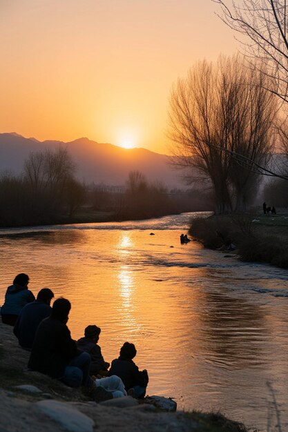 una serena puesta de sol junto a un río durante Nowruz