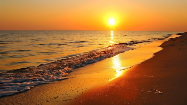 Serena puesta de sol en la playa con cielo dorado y olas suaves