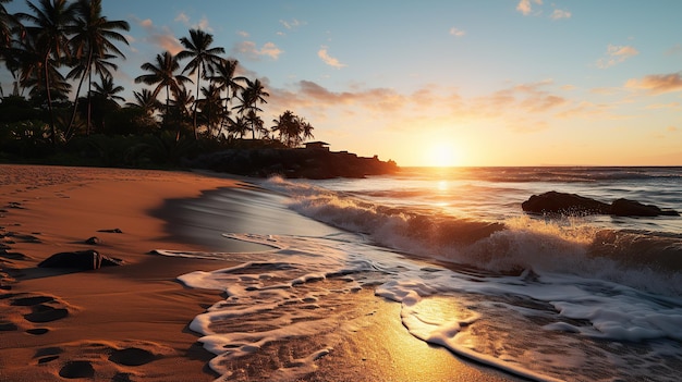 Serena puesta de sol en la playa hora de oro iluminación ondas suaves rodando suavemente sobre la orilla palmeras siluetas