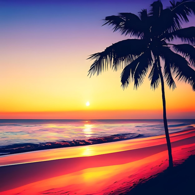 Una serena puesta de sol en la playa con una silueta de palmera y